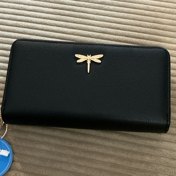 Handbags - Black Leather Wallet with Gold Dragonfly Accent